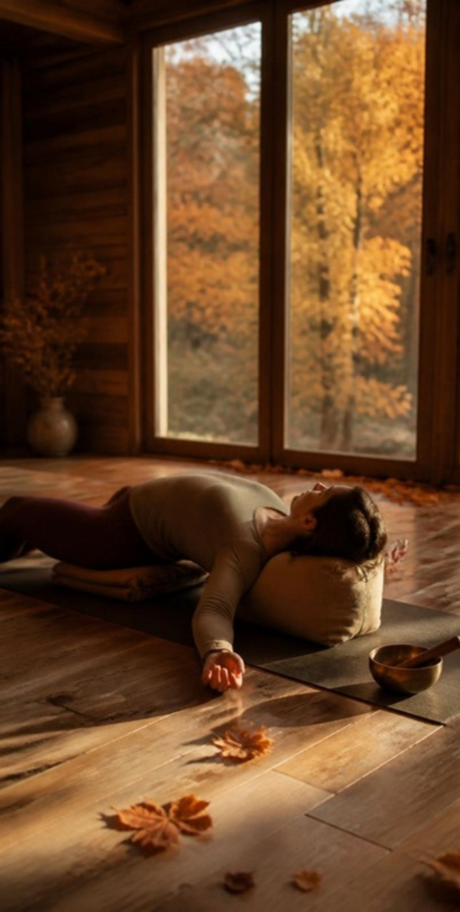 Pratica di yin yoga in una sala in legno, con la luce e le foglie d'autunno oltre la finestra
